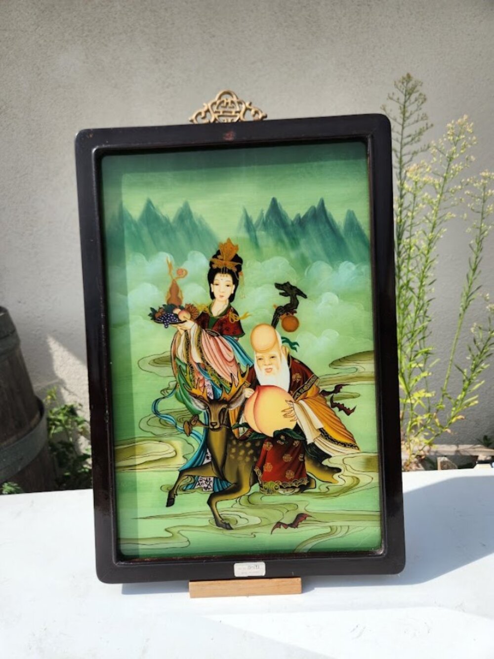 Vintage Framed Chinese Reverse Glass Painting Tao Peach Deer Art Work Fine Art H